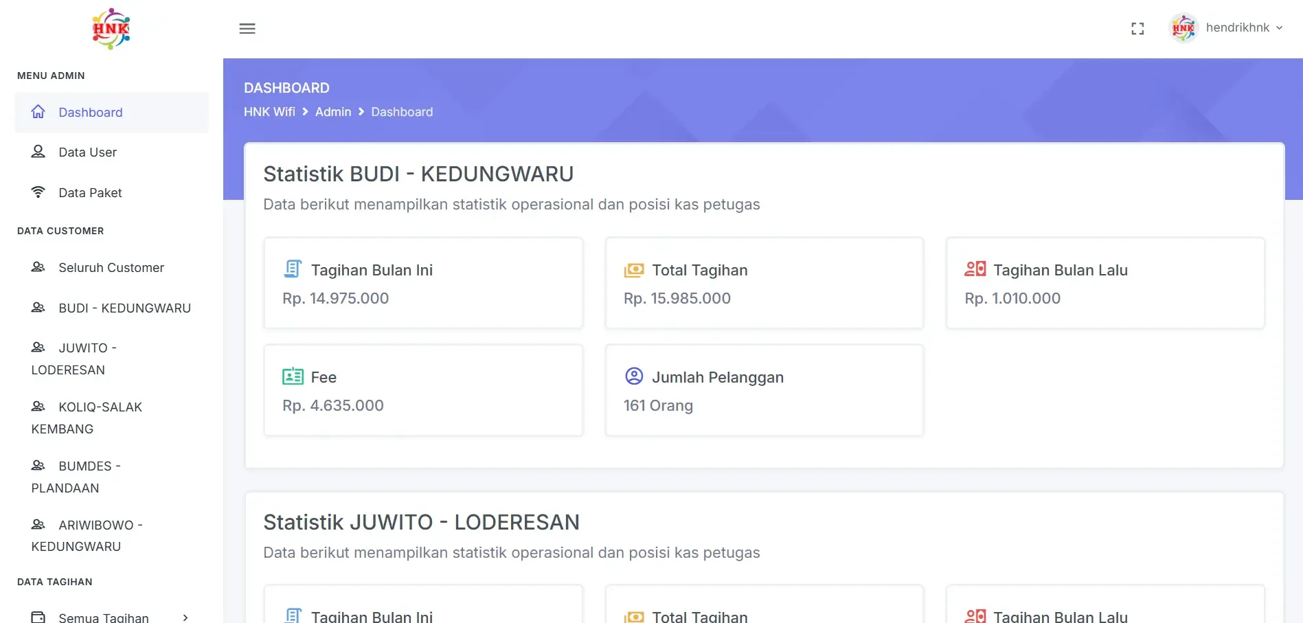 Tangkapan layar Pendataan Tagihan WiFi (HNK-WiFi)